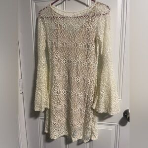 VENUS White Lace with Cream Slip Dress with Slit Trumpet Sleeve